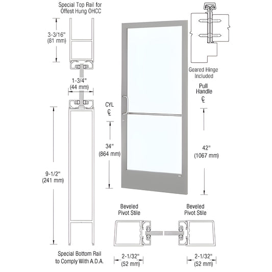 CRL 250 narrow stile 36x84 clear anodized commercial glass door with 91 2" ADA bottom rail, geared hinge, push/pull hardware.