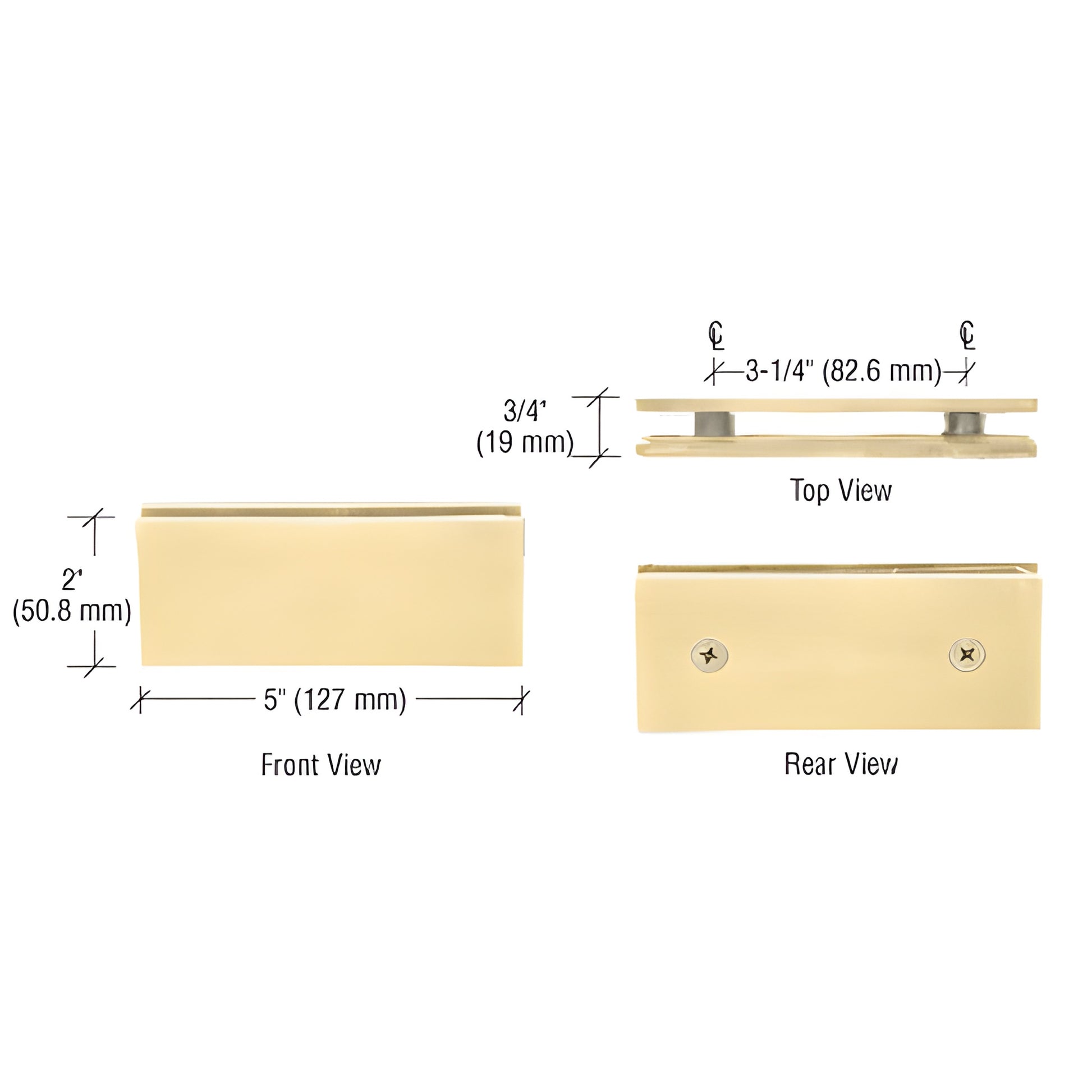 SGC180SB satin brass squared 180 glass-to-glass clamp, solid brass, 5" x 2", for 10-12mm tempered glass