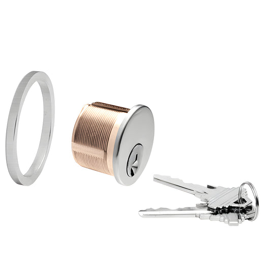 CRL DRA10KDBS single mortise cylinder, brass body with brushed stainless face, retaining ring and three keys.