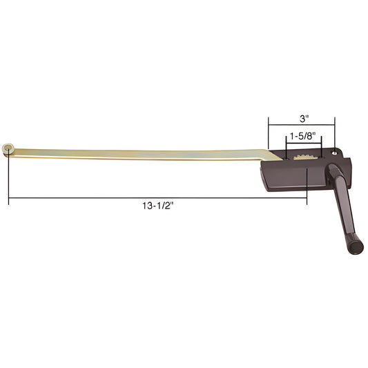 Bronze long-arm casement operator SKU H3571, 13-1/2" arm with handle - right-hand, steel worm gear for wood or vinyl windows.