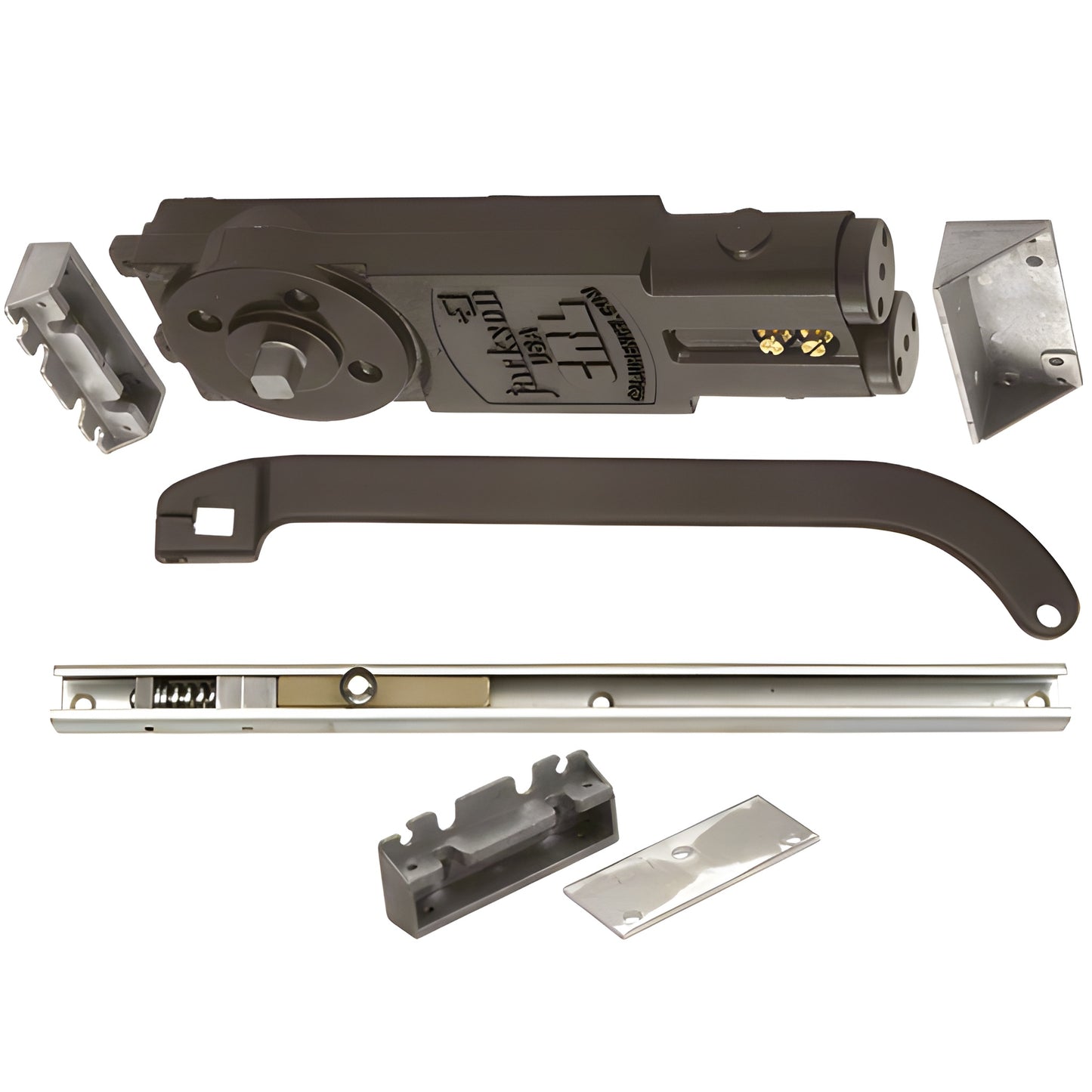 CRL Jackson 21201U31301 overhead concealed door closer kit, dark bronze 'U' offset slide arm with aluminum slide channel