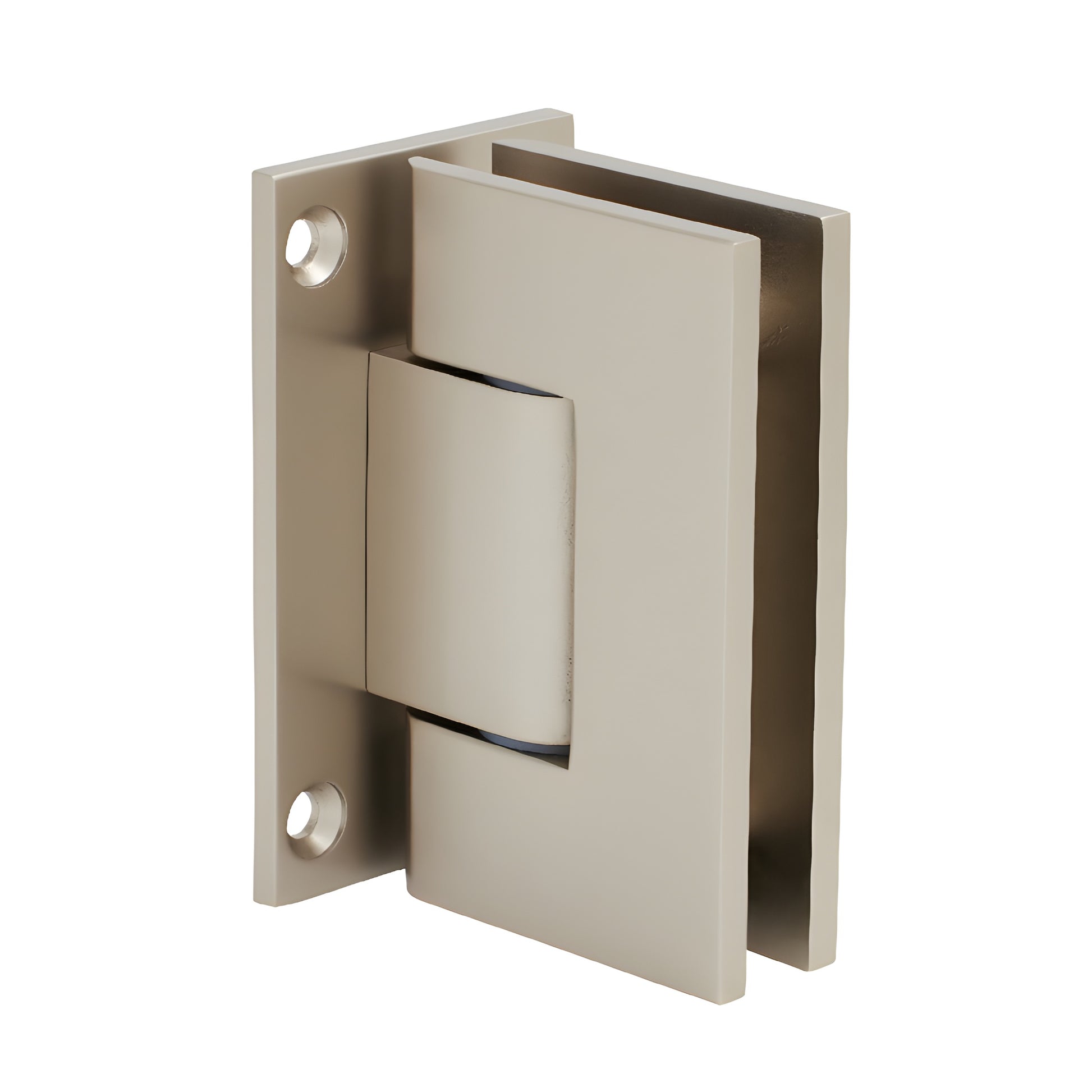 Satin nickel Geneva adjustable shower door hinge with full back plate for 5/16-1/2 (8-12mm) glass, SKU GEN337SN