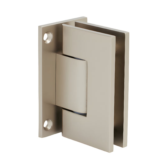 Satin nickel Geneva adjustable shower door hinge with full back plate for 5/16-1/2 (8-12mm) glass, SKU GEN337SN