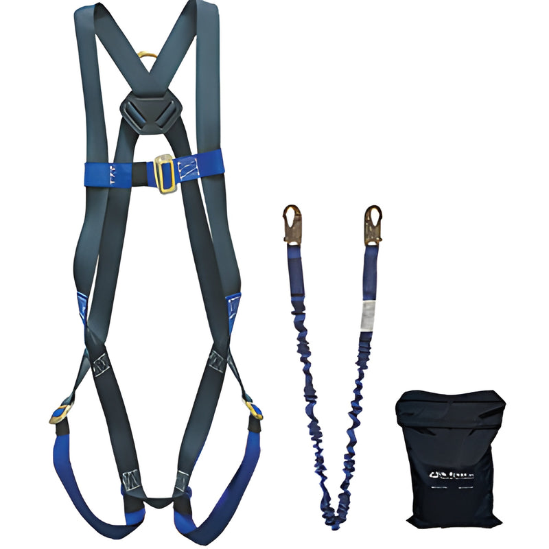 5-point fall protection harness kit with blue/black straps, 72in energy-absorbing lanyard, snap hooks and black carry bag.