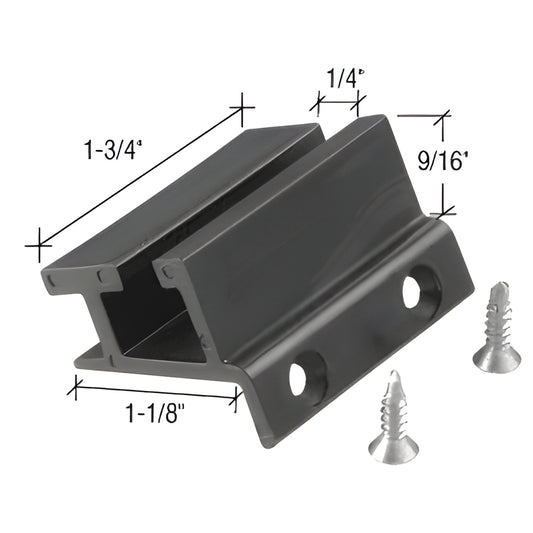 Black aluminum bottom guide extrusion (DK6914) for 1/4" glass, shown with two screws and dimension markings.