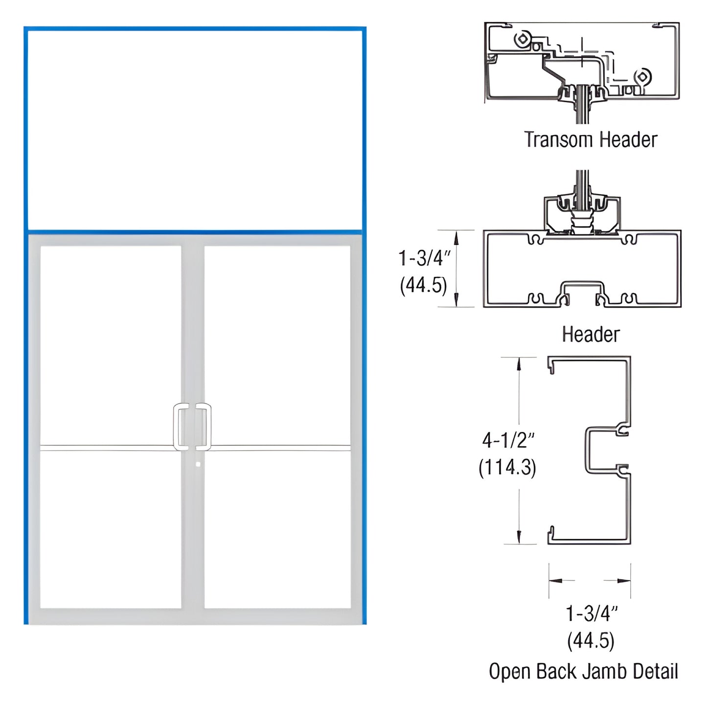 Commercial paired-door transom frame with transom above and open-back jamb detail, Black Bronze Anodized - SKU 0A6222272