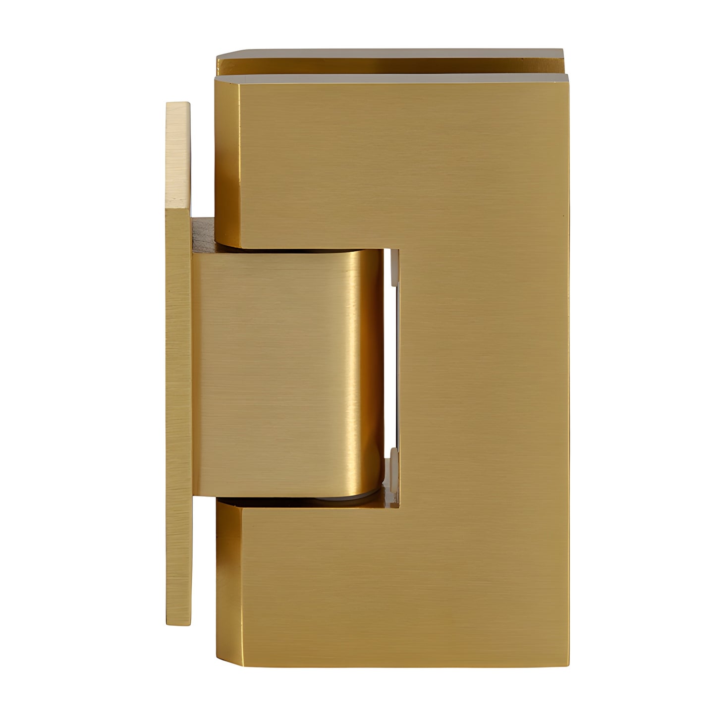V1E074SB satin brass Vienna shower door hinge, solid brass wall-mount with short back plate for 10-12mm glass