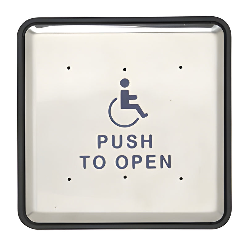 Norton LE0531 6x6 stainless steel square automatic Push to Open button with blue wheelchair symbol, flush/surface mount.