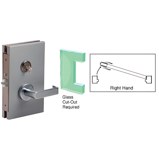 DL610RSBS brushed stainless 6x10 deadlatch center lock for 1/2" tempered glass, lever handle - glass cut-out required.
