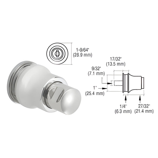 LK49 polished chrome aluminum push-button glass cabinet lock/knob, secures 1/4" (6 mm) bypass doors, 1" hole required.