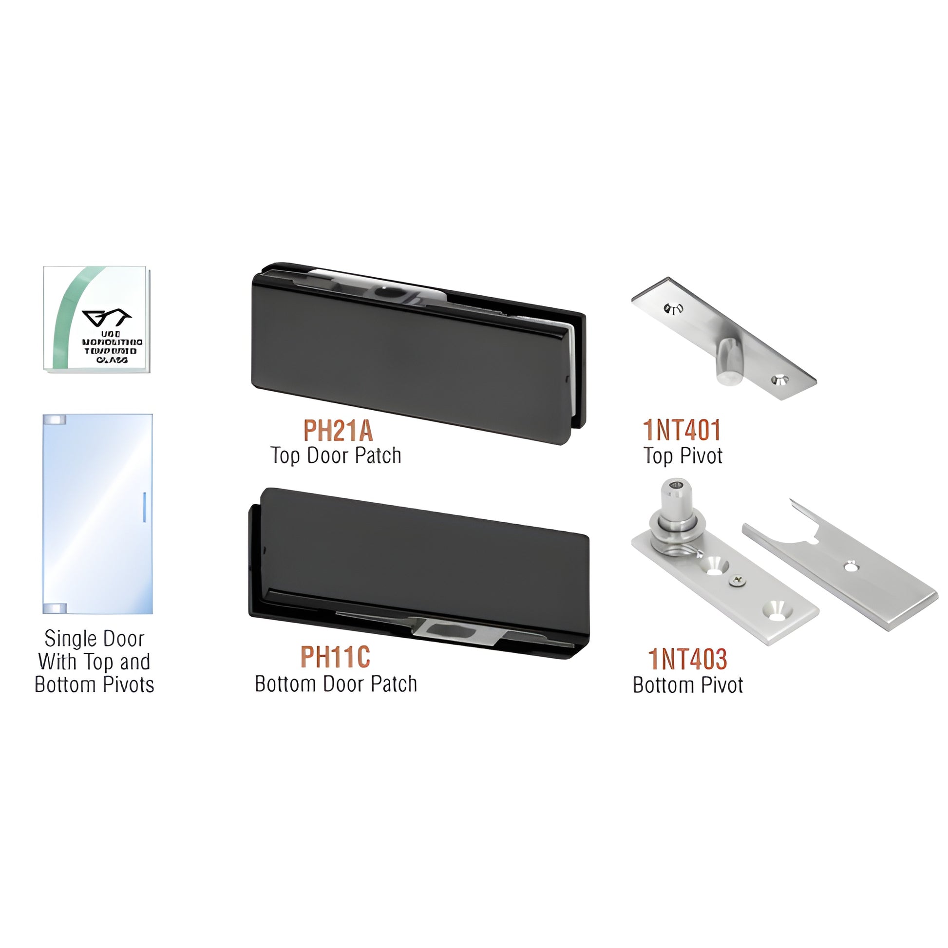PHE1MBL matte black CRL European patch door kit for single tempered glass door; top/bottom pivots.