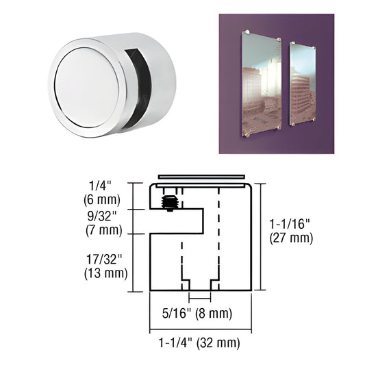 Satin chrome edge grip (EG14SC) brass clamp for 1/4" (6mm) panels - no-drill glass/sign edge mount, 1-1/4" diameter