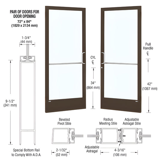 Pair of Black Bronze Anodized narrow-stile entrance doors (SKU DE22522) with ADA bottom rail and glass panels.