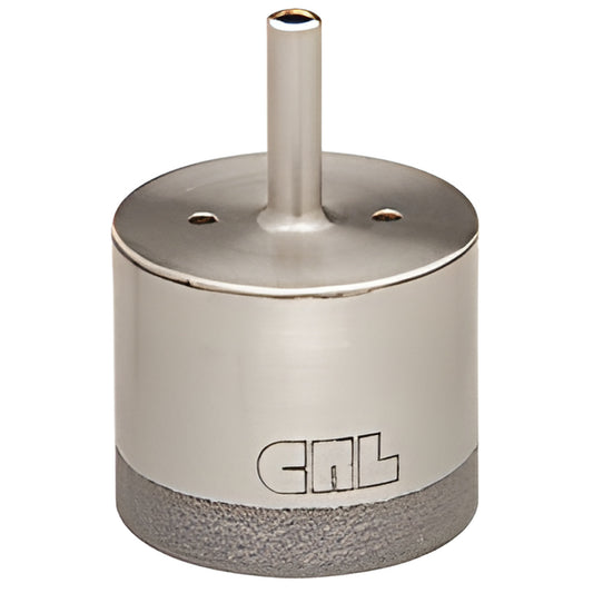 CRL DCD214 2-1/4" electro-formed diamond glass drill bit - silver cylindrical body with diamond rim and reduced round shank.