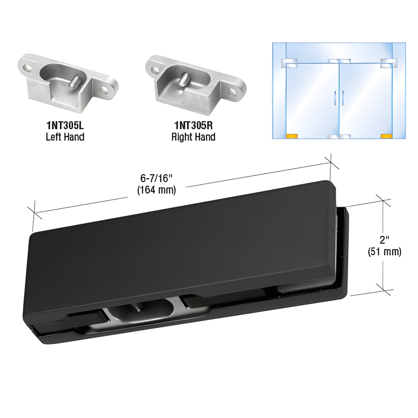 PH10ERMBL matte black bottom pivot patch kit for Herculite+ tempered glass doors, fits 3/8" or 1/2" glass, 2-3/4" setback