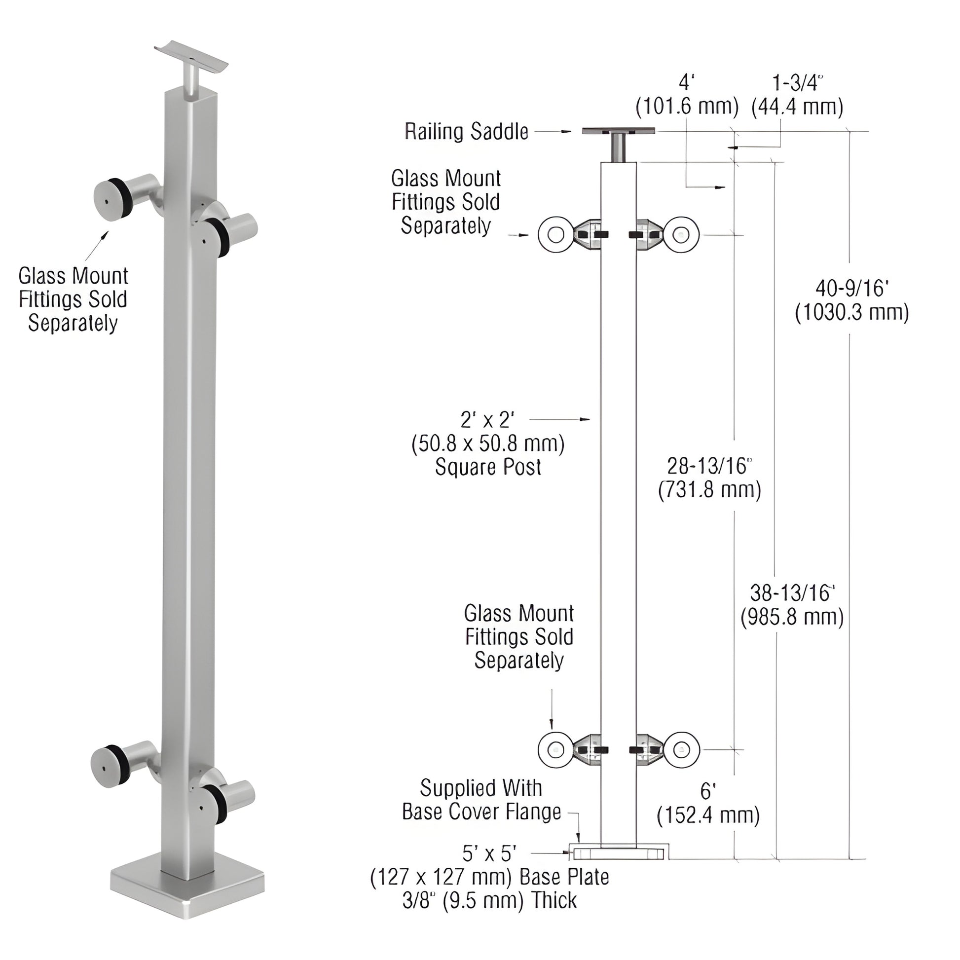 CRL P142CBS stainless steel 2 in square surface-mounted post with 5x5 in base plate, top saddle; glass fittings sold separate