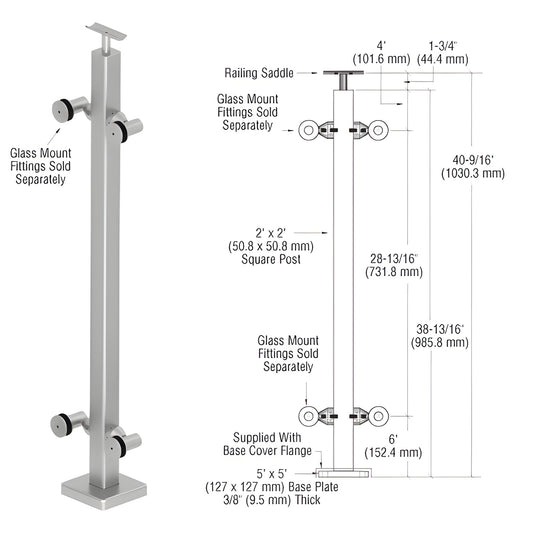 CRL P142CBS stainless steel 2 in square surface-mounted post with 5x5 in base plate, top saddle; glass fittings sold separate