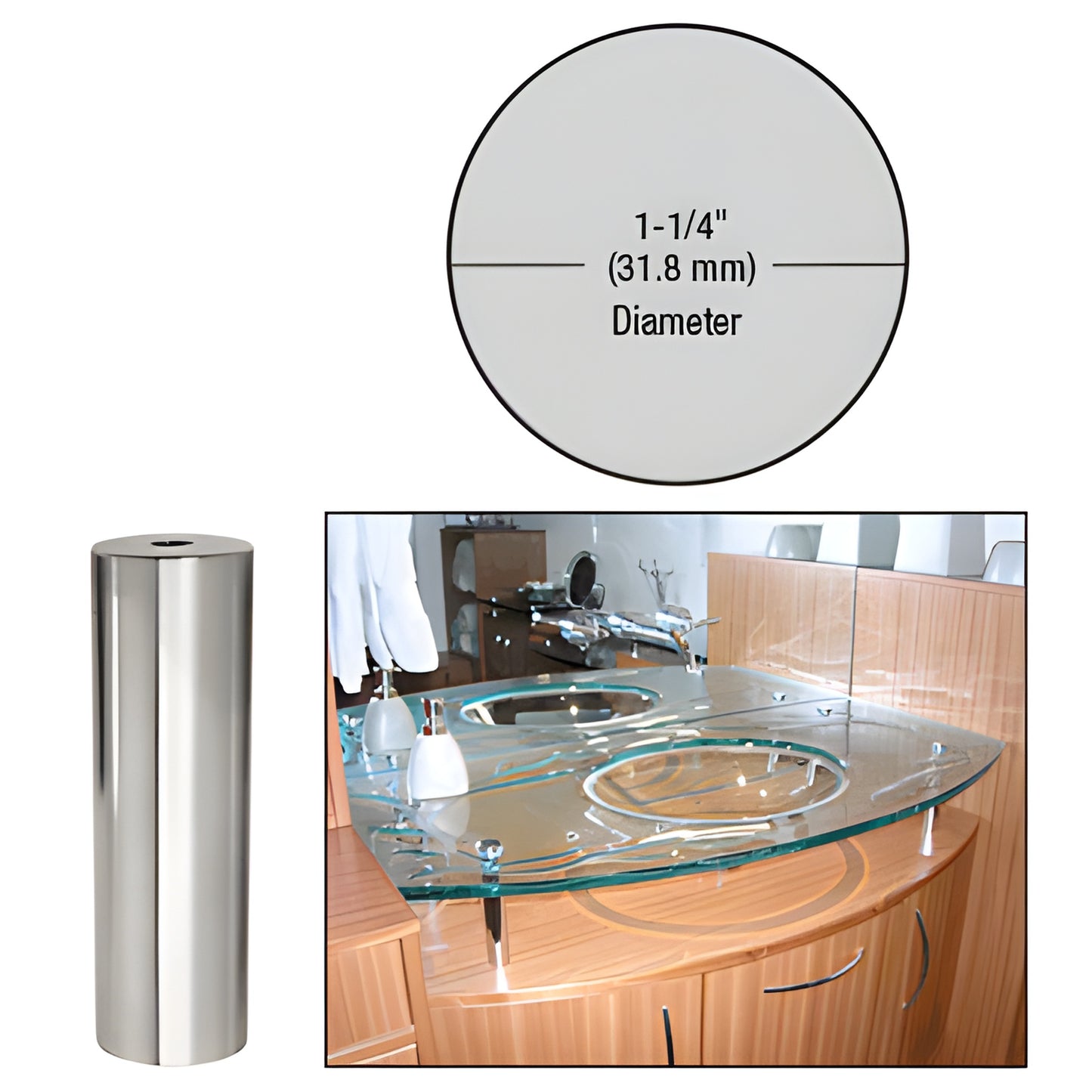 Polished chrome 1-1/4" brass standoff (SKU S0B1144CH) - cylindrical glass mounting spacer for architectural panels.