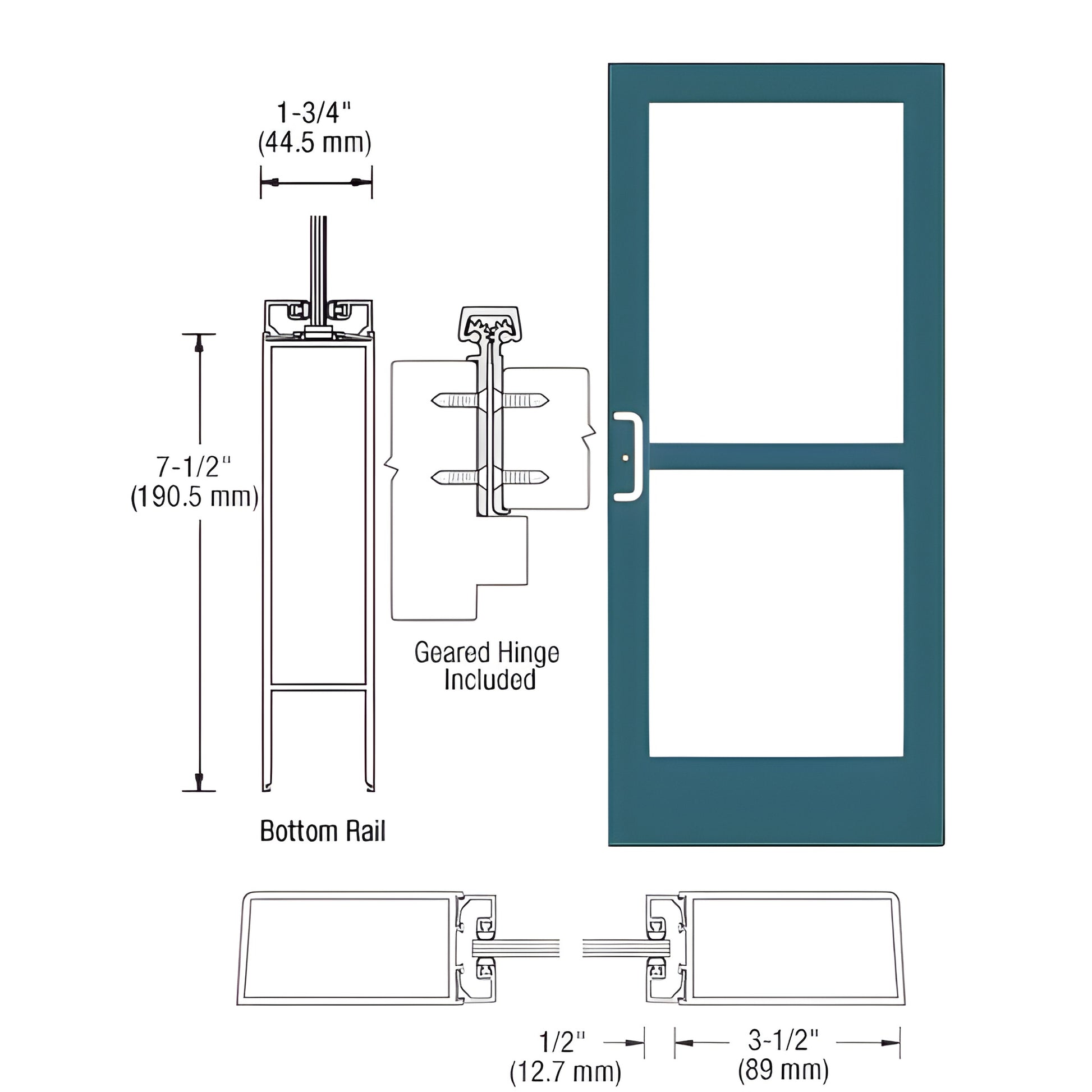 Commercial medium-stile teal entrance door (SKU HZ41871), two-lite glass, 3-1/2" stiles, 7-1/2" bottom rail, panic hardware i