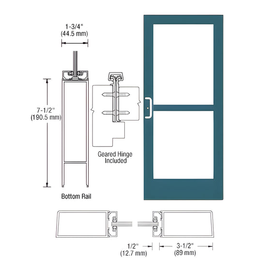 Commercial medium-stile teal entrance door (SKU HZ41871), two-lite glass, 3-1/2" stiles, 7-1/2" bottom rail, panic hardware i