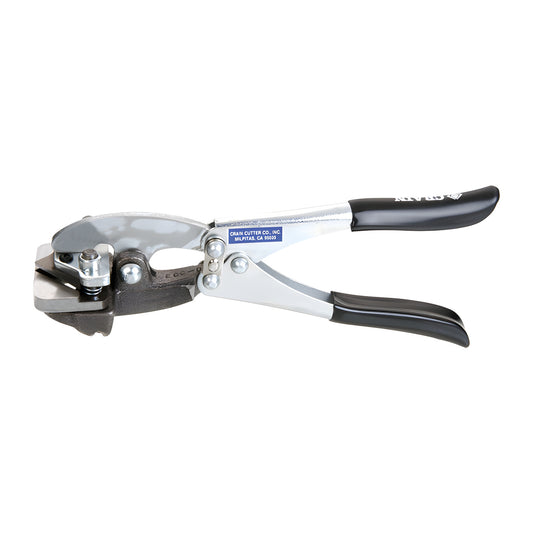 MT702 single-cut miter tool, handheld plier-style cutter with chrome body and black grips for stainless-steel trim.