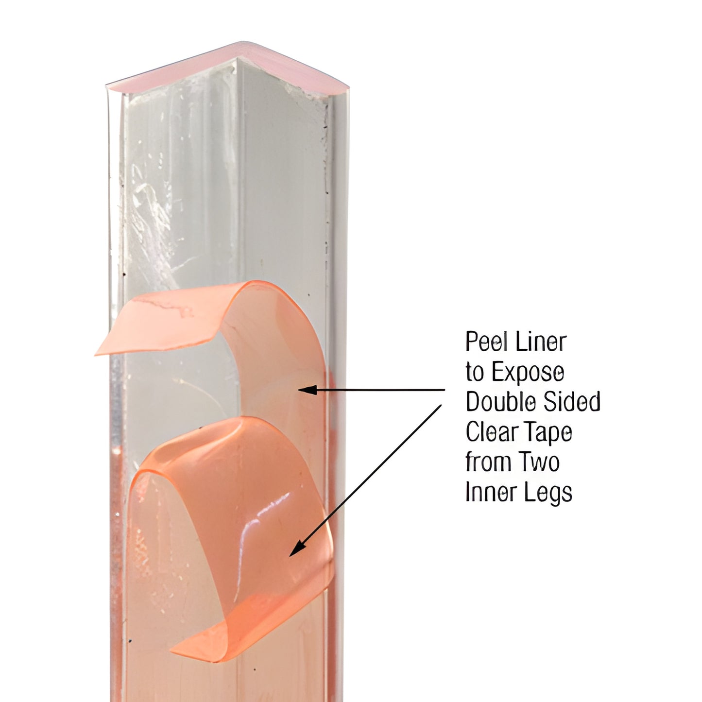 Clear 1/2 in x 1/2 in polycarbonate L-angle corner protector, 95 in length, pre-applied peel-off double-sided tape. SKU L1212