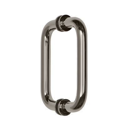 BM6X6PN polished nickel back-to-back tubular glass door pull, 3/4" brass, 6" center-to-center with metal washers