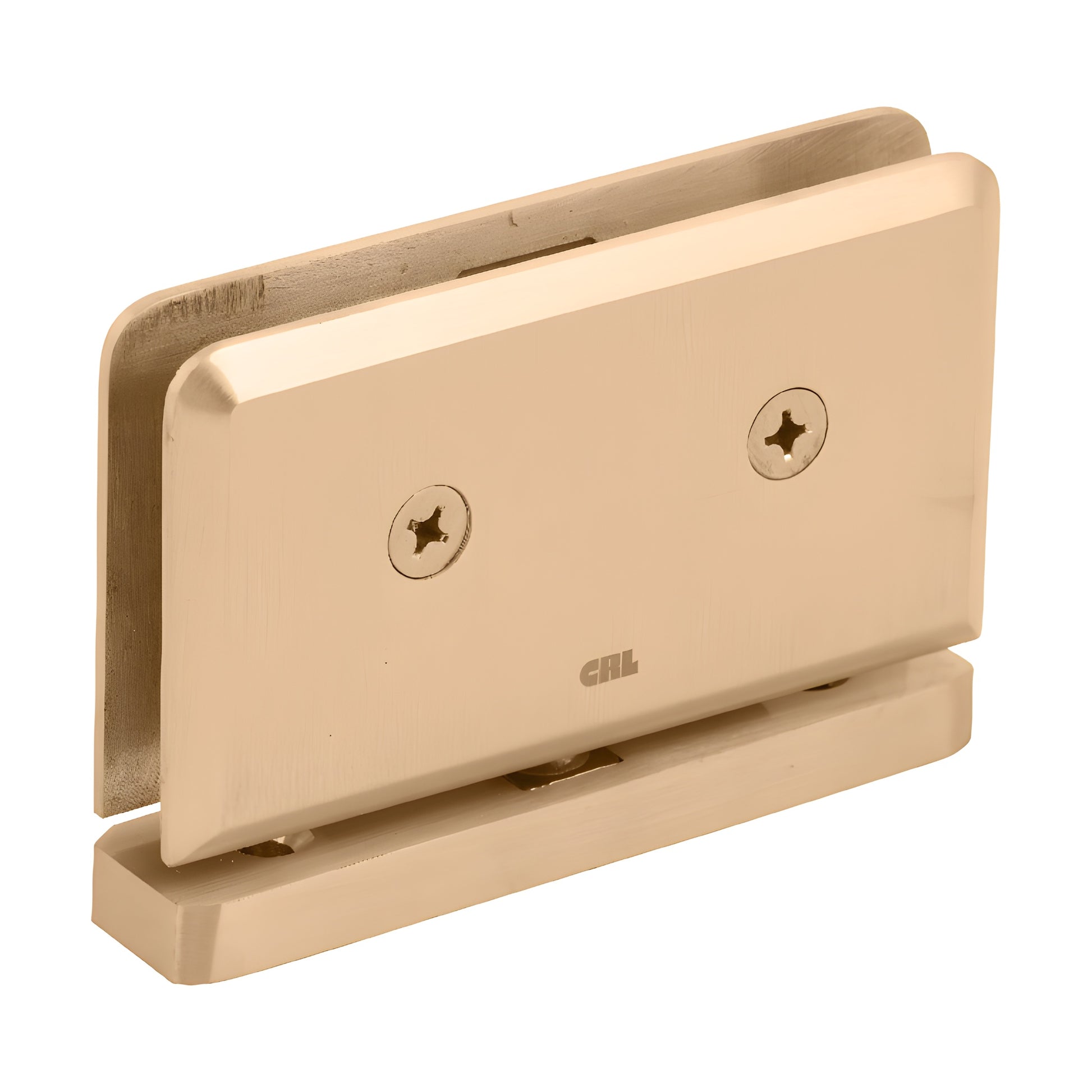 Satin brass Prima pivot hinge for 8-10mm glass shower door, beveled rectangular design (SKU: PPH01SB)