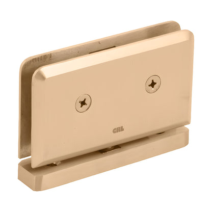 Satin brass Prima pivot hinge for 8-10mm glass shower door, beveled rectangular design (SKU: PPH01SB)