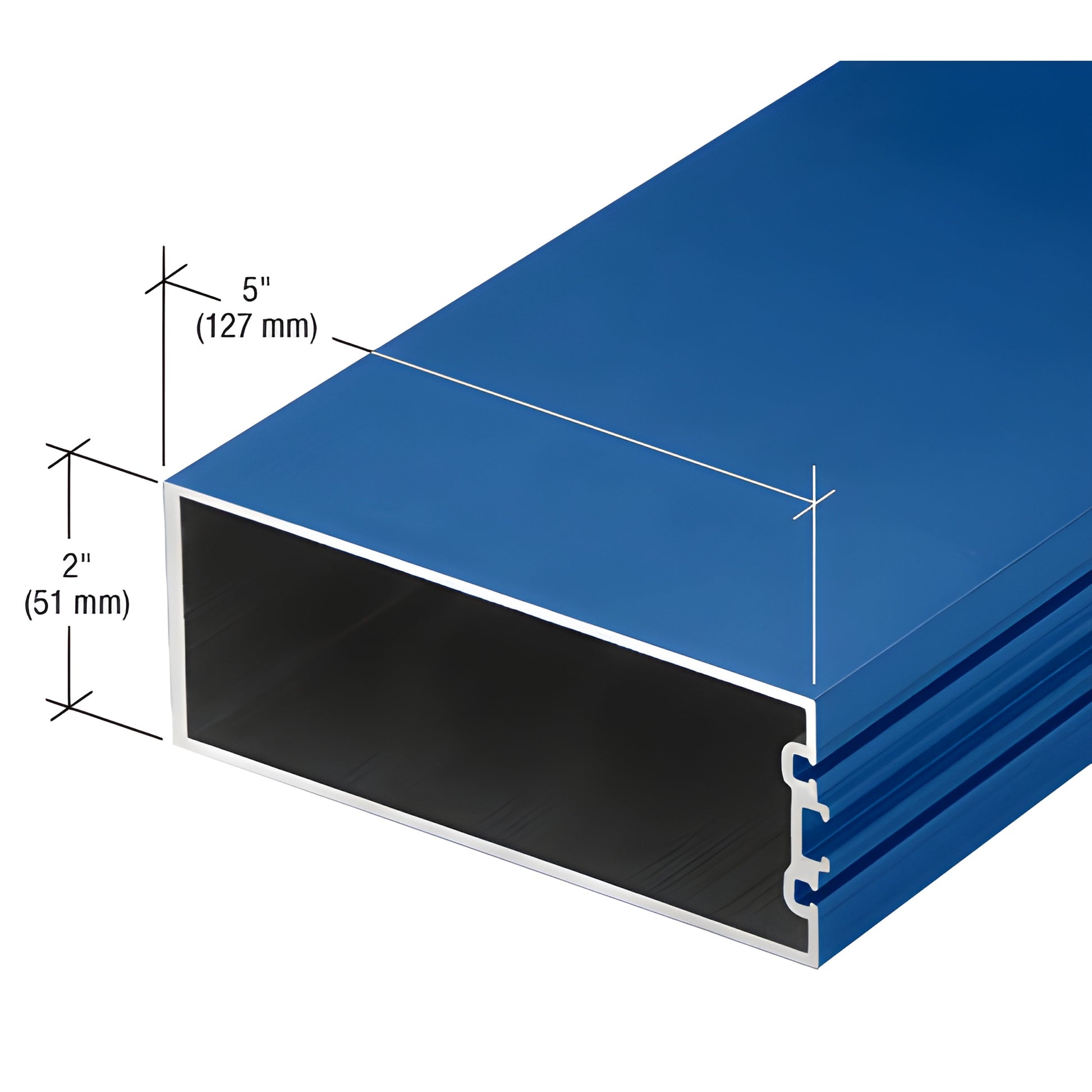 Blue anodized extruded aluminum rectangular tube profile, 5" x 2" (127x51mm), hollow curtain wall extrusion (SKU: CW26571)