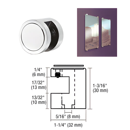 EG12SC satin chrome edge grip, 1-1/4 in diameter, no-drill clamp for 1/2 in panels, includes mounting diagram.