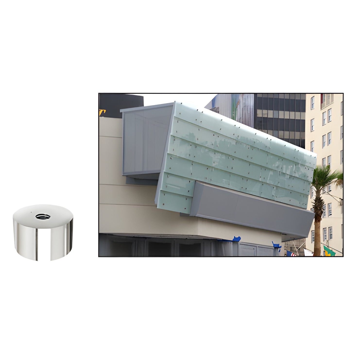 Polished 316 stainless steel 1-1/2" standoff (SKU S0B11212PS) with example glass panel signage installation