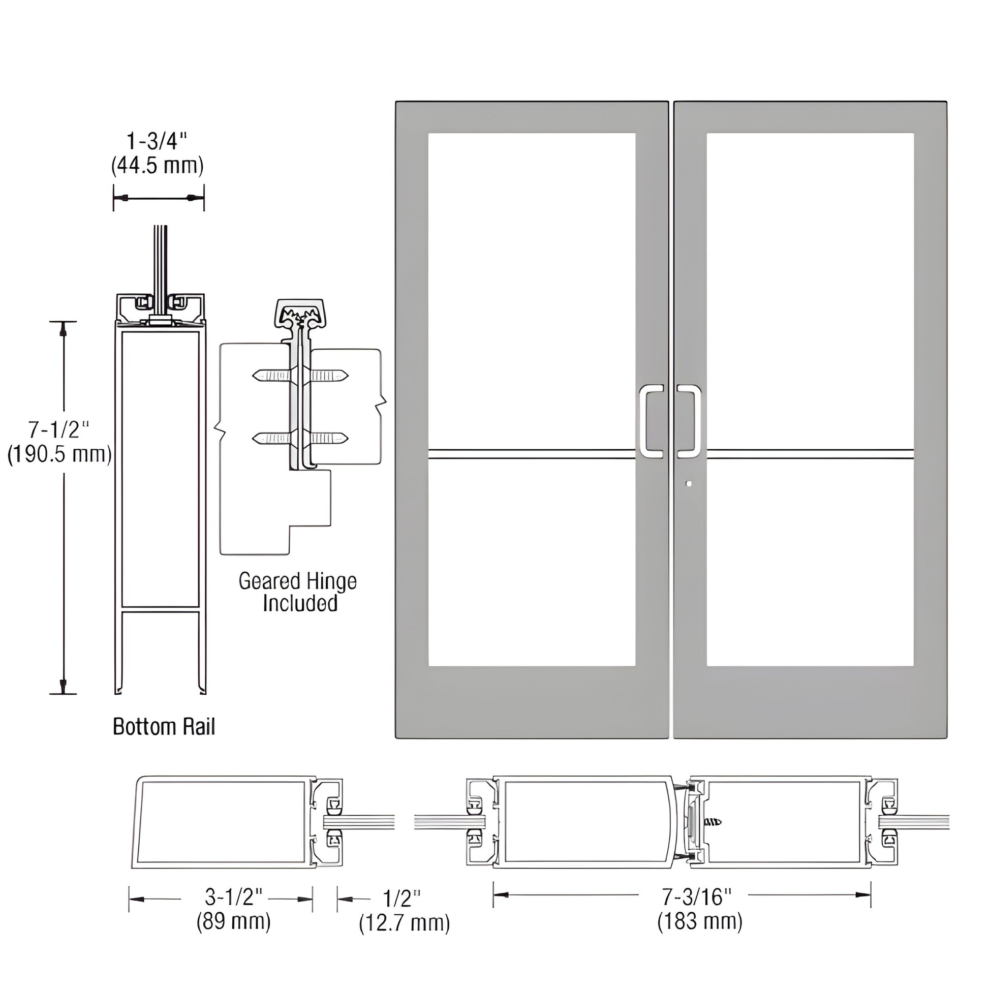 Double medium-stile entrance door, clear anodized, 3-1/2" stiles, 7-1/2" bottom rail, fits 1/4" tempered glass. SKU HE42811
