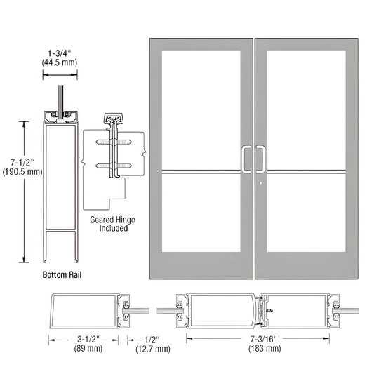 Double medium-stile entrance door, clear anodized, 3-1/2" stiles, 7-1/2" bottom rail, fits 1/4" tempered glass. SKU HE42811