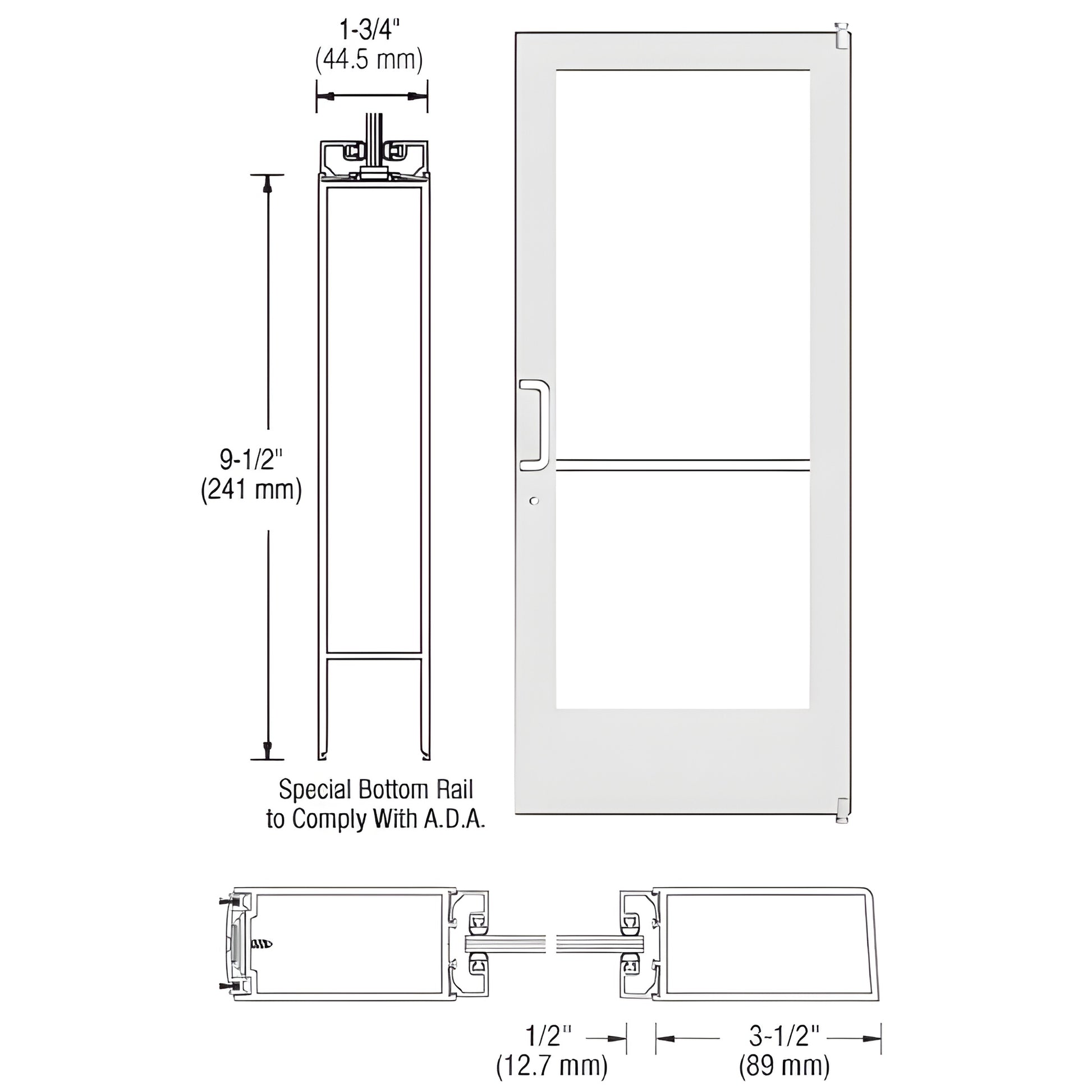DE42252LA36 white Kynar medium-stile commercial entrance door with large glass, ADA 91 2" bottom rail, offset pivot.
