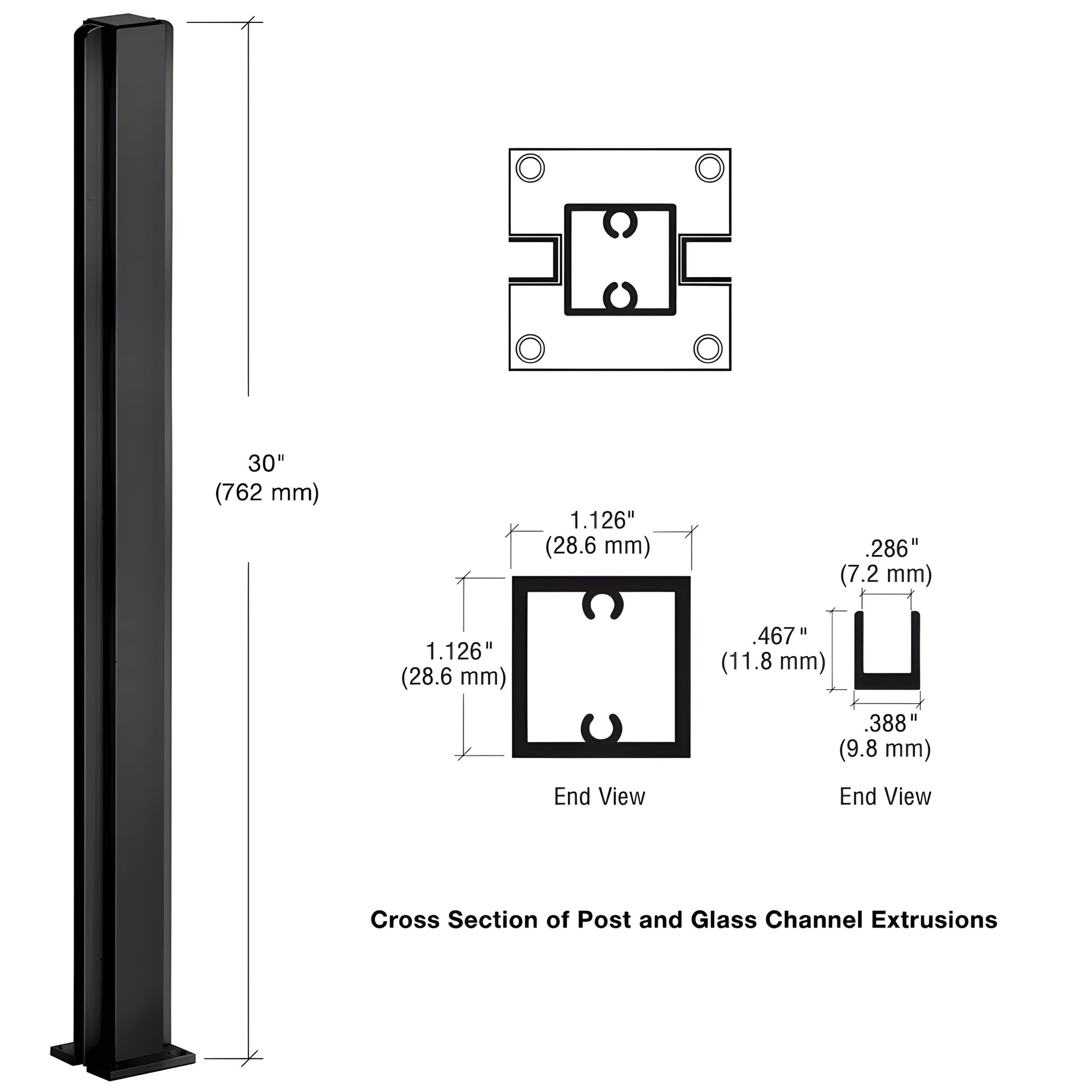 Matte black aluminum 30" center partition post (D990MBL30C), 1-1/8" square tube with 2" base and glazing channel.