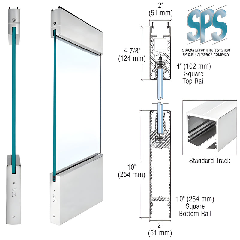 S612S2BS brushed stainless steel 4 in top and 10 in bottom rails for 1/2 in (12 mm) tempered glass sliding partition