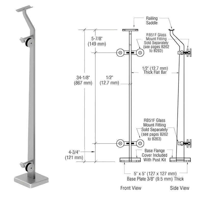 Stainless steel P536REBS glass railing post with square base plate and top rail saddle; glass fittings sold separately.