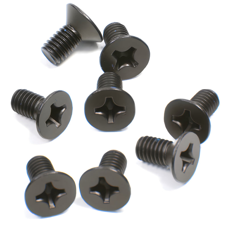 Eight oil rubbed bronze 6 12 mm M6 flat head Phillips hinge screws, SKU P6120RB.