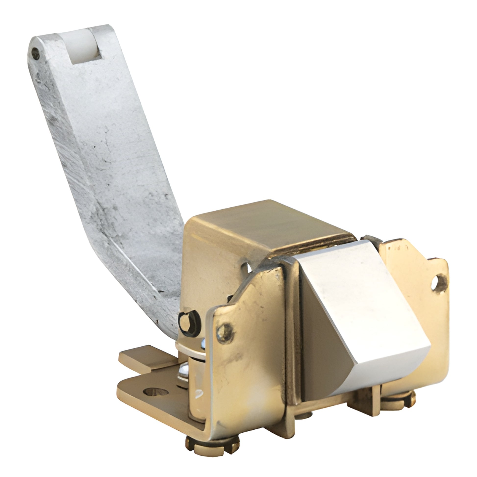 Jackson 1295 rim panic latch assembly - gold/brass housing with angled silver latch block and steel arm.