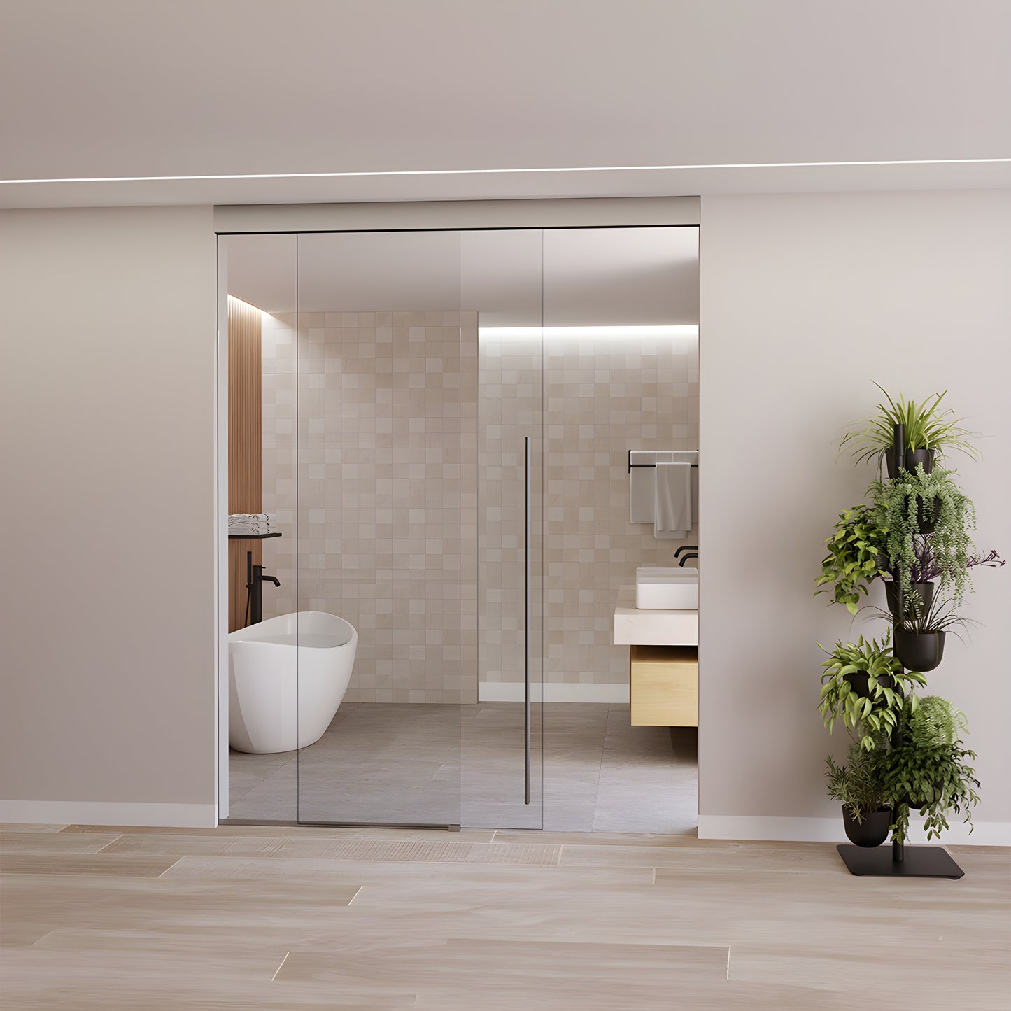 CRL701C top-hung satin anodized ceiling track and cover with tempered glass panel for sliding door