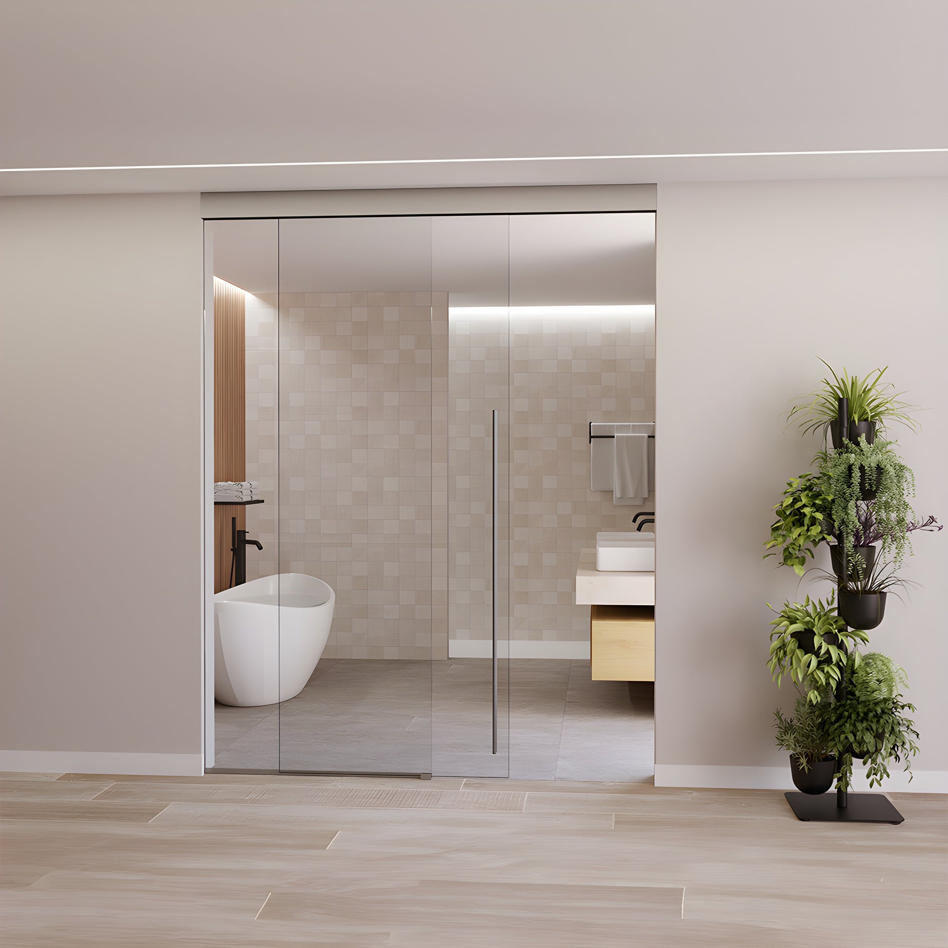 CRL701C top-hung satin anodized ceiling track and cover with tempered glass panel for sliding door