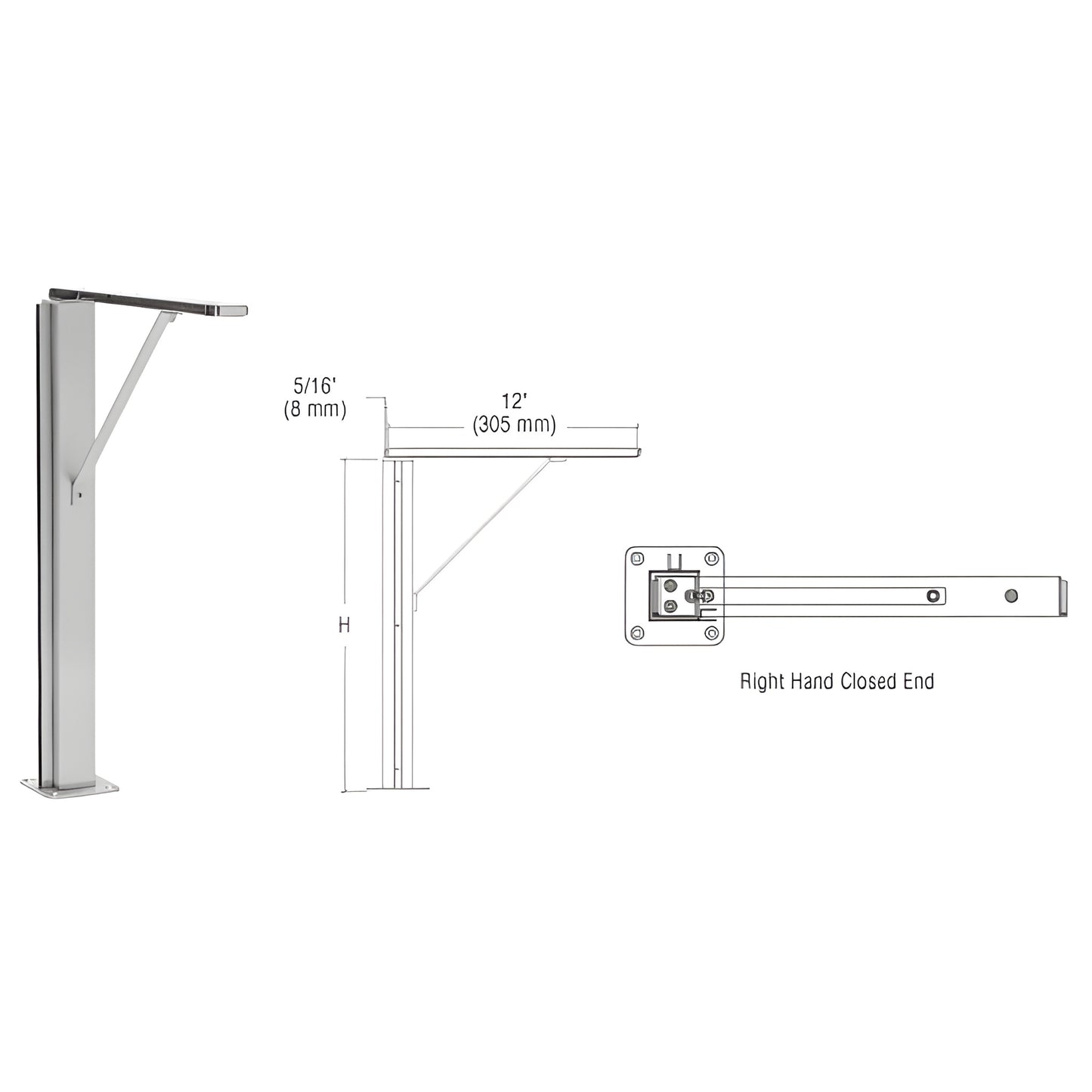 SG40118REBS Plaza brushed stainless 1.5" square post sneeze guard, right-hand closed end with 12" top shelf