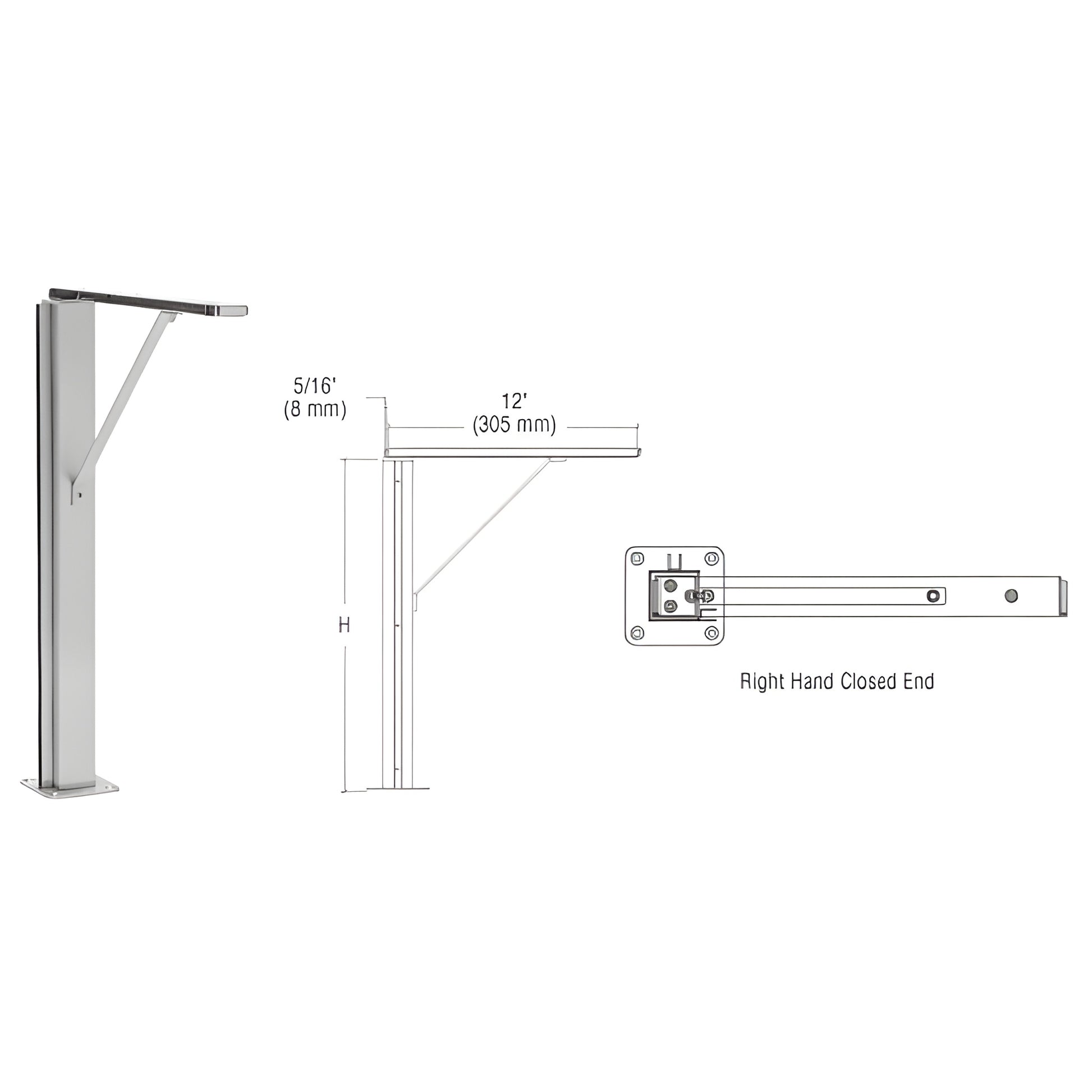 SG40118REBS Plaza brushed stainless 1.5" square post sneeze guard, right-hand closed end with 12" top shelf