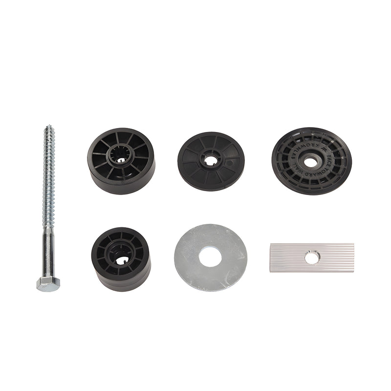 LAT34MKFW replacement wall-mount hardware set: screw, plastic spacers, washers and metal plate on white background.