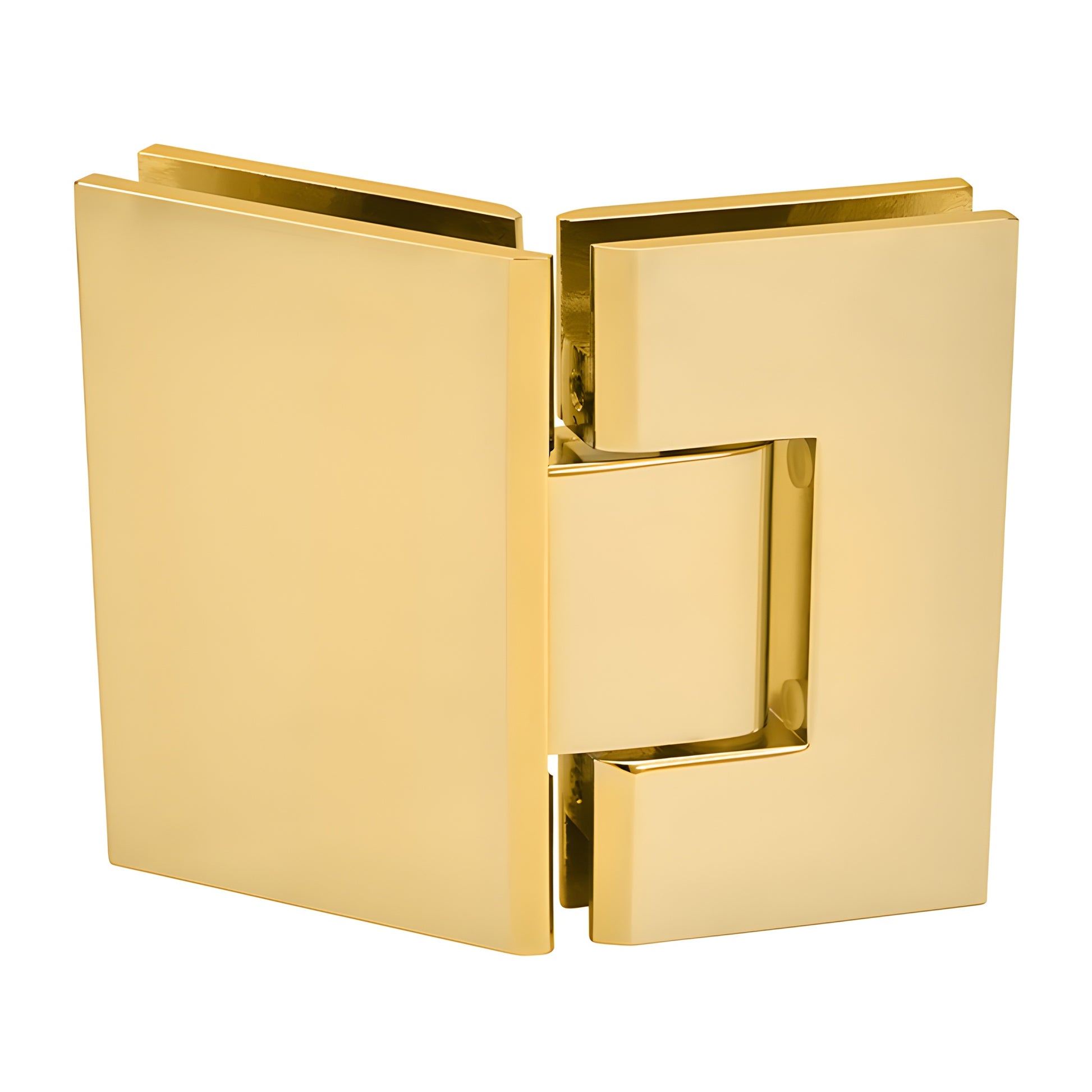 V1E045BR polished brass square glass-to-glass shower hinge, 135 swing, fits 10-12mm tempered glass