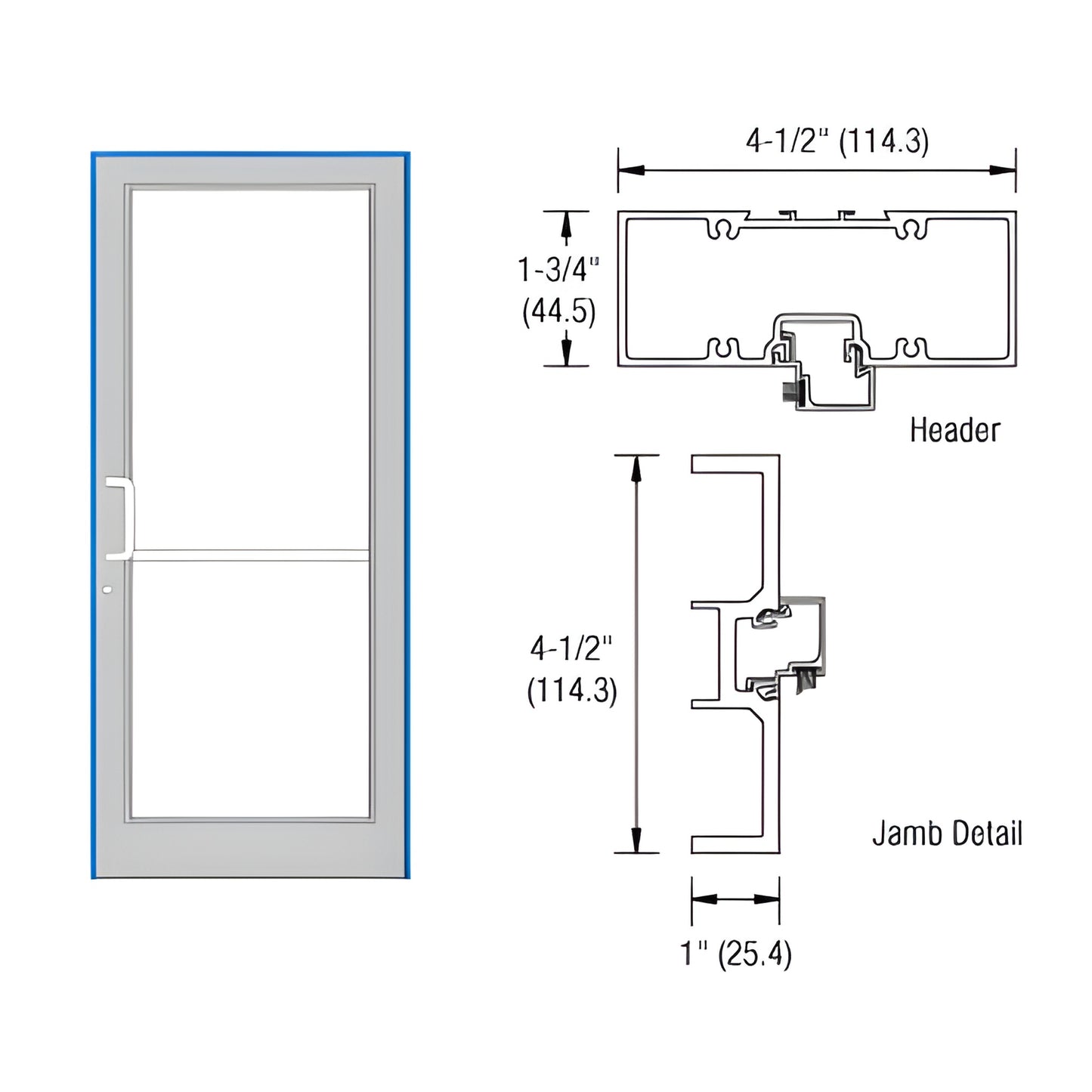 FD71511 aluminum up-and-over door frame, clear anodized, for 36"x84" opening; technical drawing shows header and jamb profile