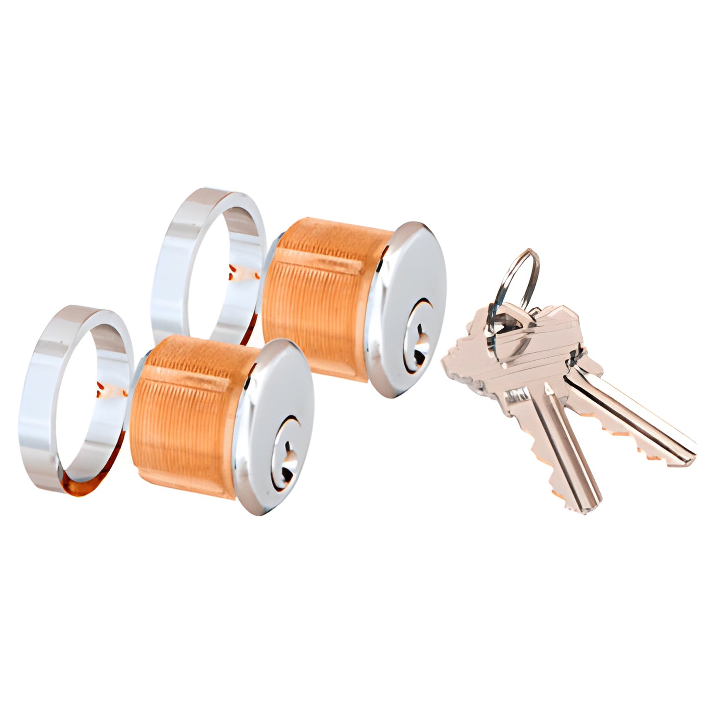 AMR215CCPS patch lock cylinders in polished stainless steel with copper bodies and key set, 29mm diameter.