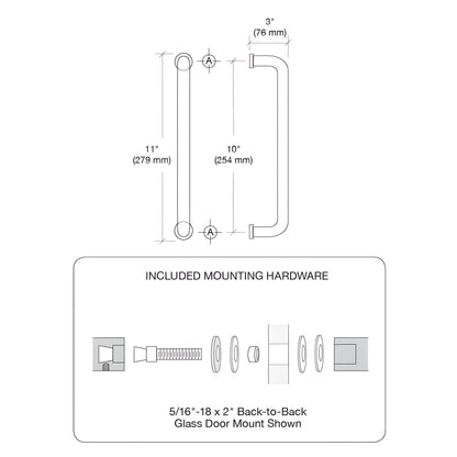Brushed stainless glass-mounted pull handle CS10X10BS, 10" center-to-center, fits 3/8-3/4" glass, back-to-back mount.