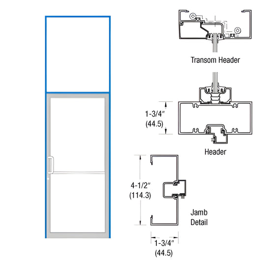 Clear anodized aluminum transom frame SKU 0B61511L36 for 36x84 door; includes TH250 threshold, 39.5x126", 1-3/4"x4-1/2" profi